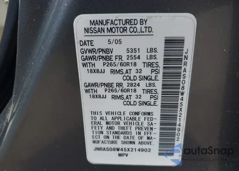 2005 Infiniti Fx35 z USA, uszkodzony, nr VIN JNRAS08W45X214902